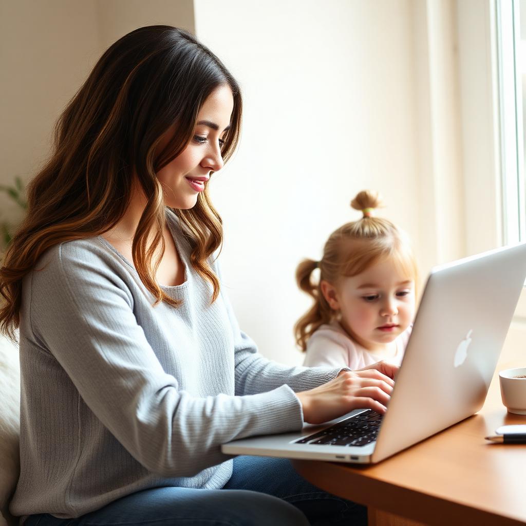 Madre trabajando en una laptop junto a su hija